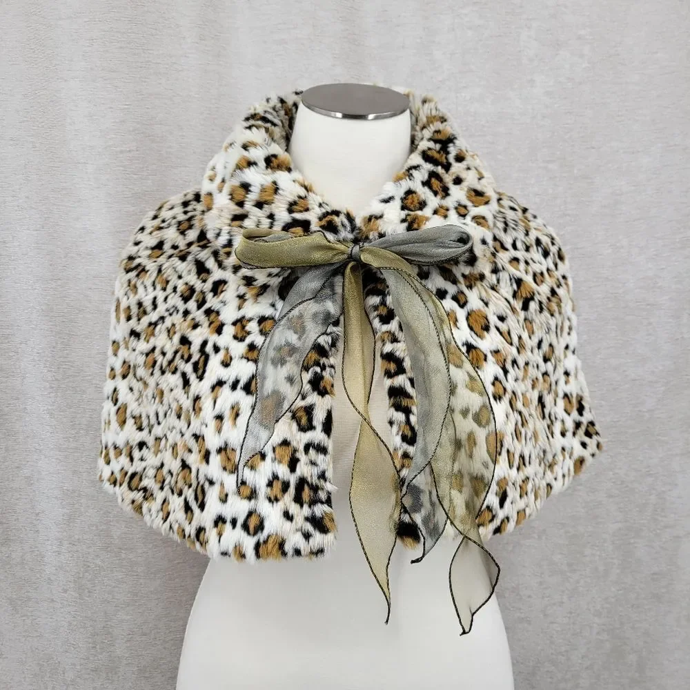 Newport News Y2K or 90s Leopard Print Faux Fur Cape with Bow